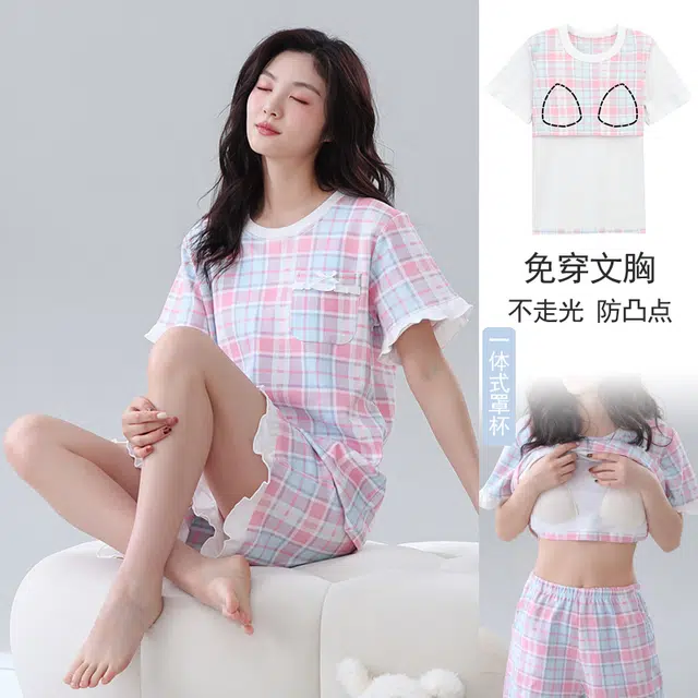 芬腾可安 可外穿的带胸垫一体式慵懒休闲少女时尚亲肤百搭显瘦舒适柔软细腻无束缚短袖短裤家居服睡衣套装 女款