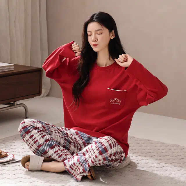 芬腾可安 春秋柔软带杯垫设计百搭少女感显瘦亲肤慵懒宽松家居服睡衣套装 女款