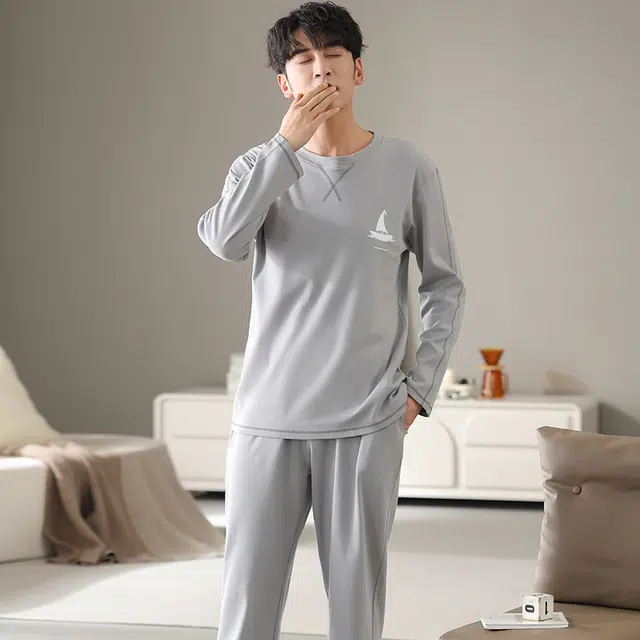 芬腾可安 经典绣花亲肤休闲简约长袖长裤家居服可外穿睡衣套装 男款 浅灰色
