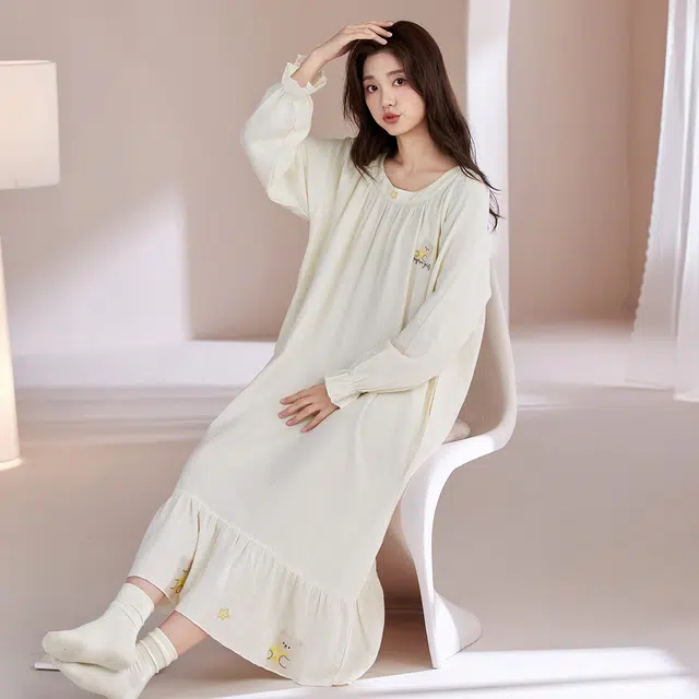 芬腾可安 外出可穿纯棉优雅百搭显瘦气质亲肤少女感中长款家居裙睡裙 女款
