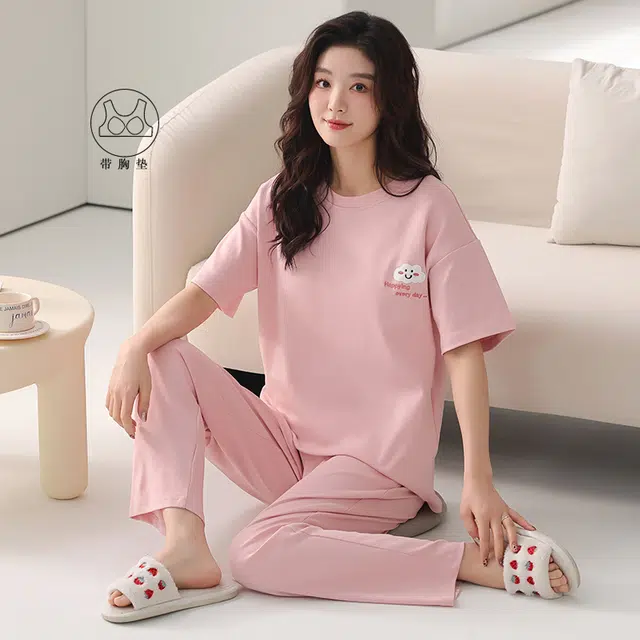 芬腾可安 薄款韩版时尚甜美休闲亲肤微弹带胸垫短袖长裤家居服可外穿睡衣套装 女款 粉红色