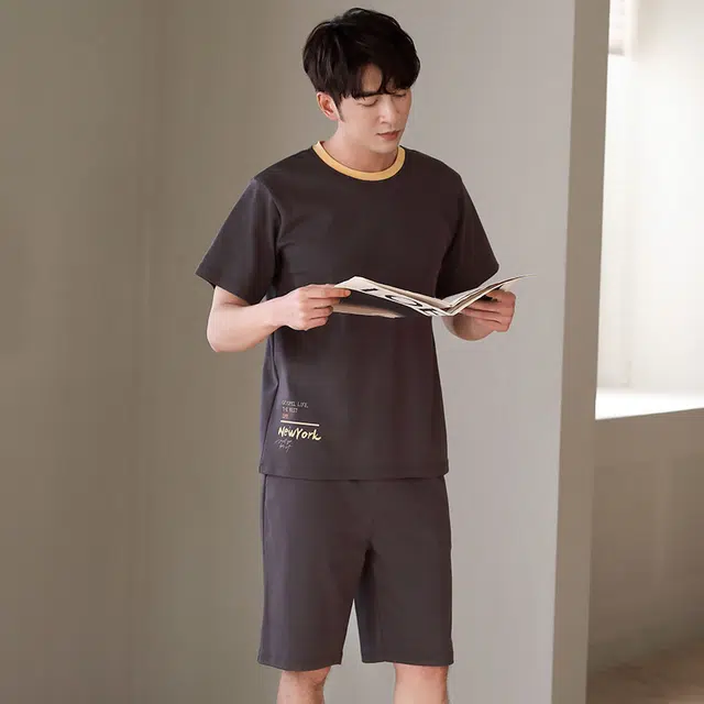 芬腾可安 韩版简约纯棉轻熟风休闲气质亲肤细腻时尚舒适轻盈宽松圆领青少年透气短袖大学生居家服可外穿睡衣套装 男款 灰色