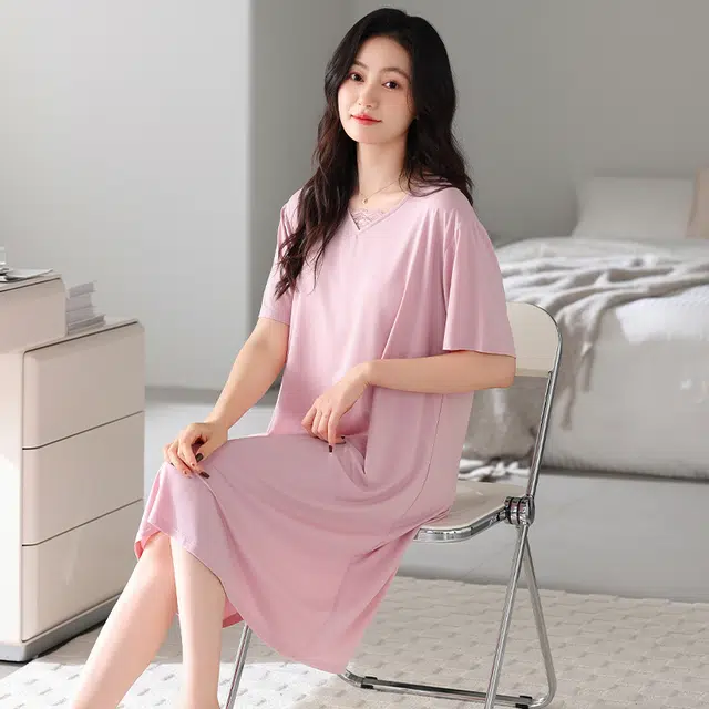 芬腾可安 亲肤外出可穿的休闲短袖微弹百搭轻盈舒适透气带胸垫一体式气质中长款家居裙春夏季睡裙 女款