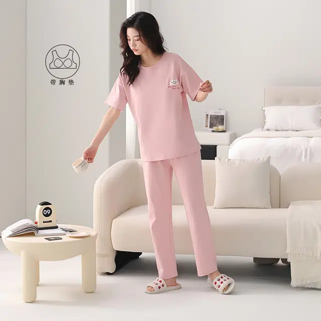 芬腾可安 薄款韩版时尚甜美休闲亲肤微弹带胸垫短袖长裤家居服可外穿睡衣套装 女款 粉红色