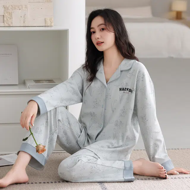 芬腾可安 春秋设计感柔软亲肤翻领纯棉优雅开衫简约时尚家居服睡衣套装 女款