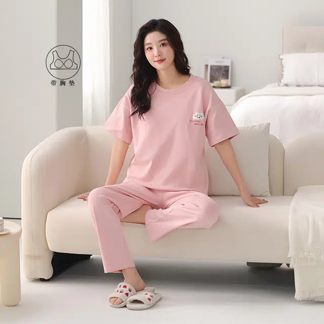 芬腾可安 薄款韩版时尚甜美休闲亲肤微弹带胸垫短袖长裤家居服可外穿睡衣套装 女款 粉红色