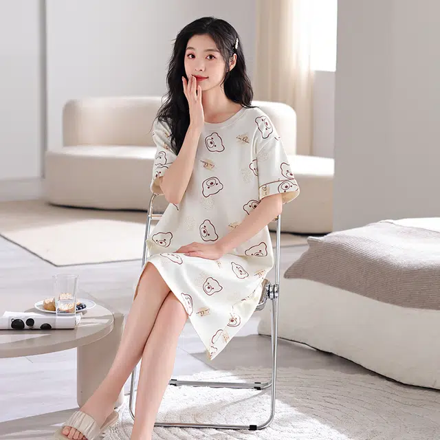 芬腾可安 韩版舒适时尚亲肤圆领细腻柔软居家短袖睡裙 女款 白色