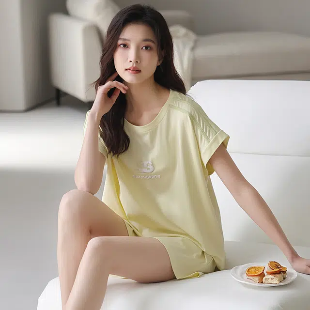 芬腾可安 春夏季韩版气质细腻亲肤柔软甜美微弹舒适圆领透气显瘦宽松大学生宿舍外出都可穿的家居服睡衣套装 女款
