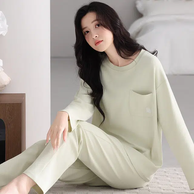 芬腾可安 春秋纯棉简约遮肉宽松显瘦外出可穿家居服睡衣套装 女款