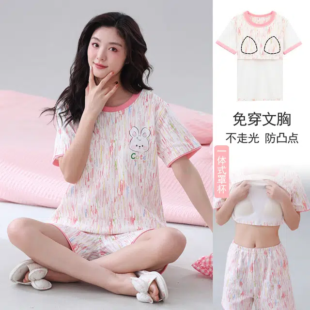 芬腾可安 可外穿的带胸垫一体式慵懒休闲少女时尚亲肤百搭舒适柔软细腻无束缚短袖短裤家居服睡衣套装 女款