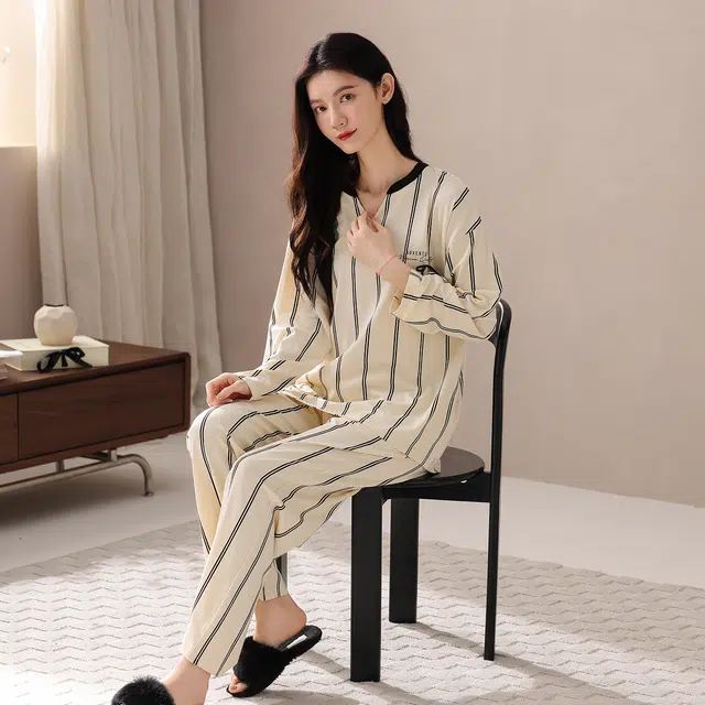 芬腾可安 春秋柔软带杯垫设计百搭少女感慵懒宽松显瘦亲肤家居服睡衣套装 女款