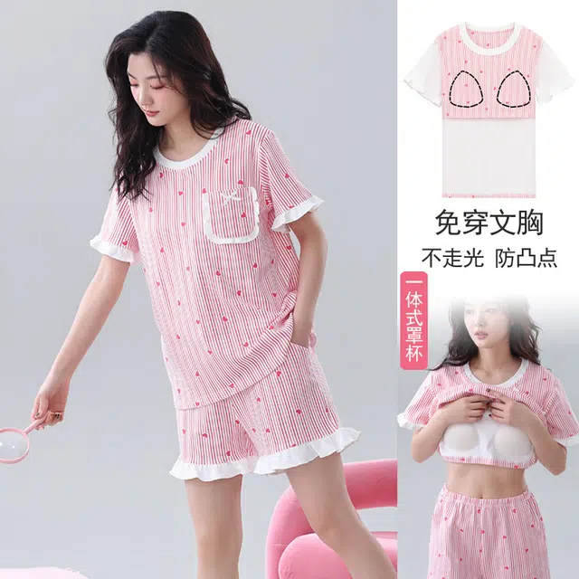 芬腾可安 可外穿的带胸垫一体式慵懒休闲百搭显瘦气质少女时尚舒适柔软细腻亲肤短袖短裤家居服睡衣套装 女款
