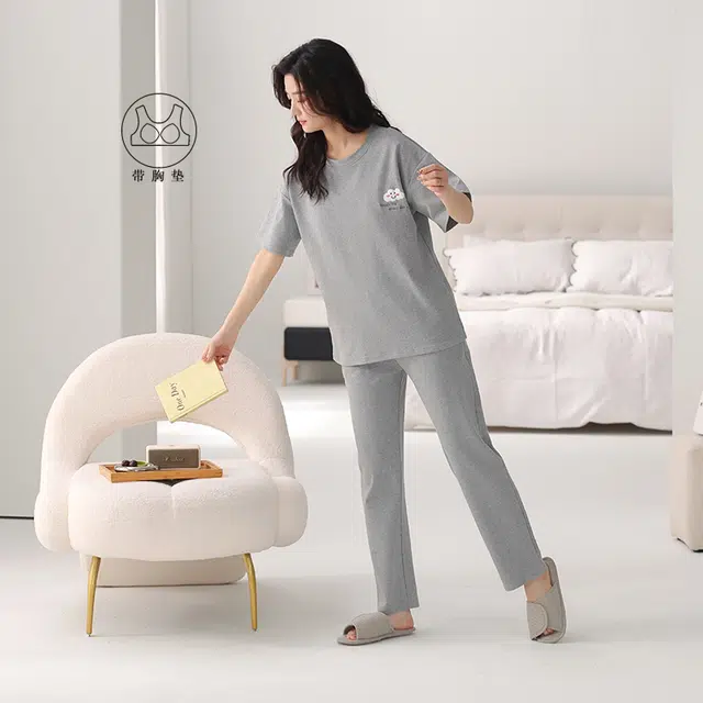 芬腾可安 韩版时尚休闲亲肤简约带胸垫短袖长裤家居服可外穿睡衣套装 女款 灰色