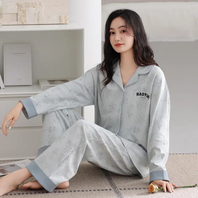 芬腾可安 春秋设计感柔软亲肤翻领纯棉优雅开衫简约时尚家居服睡衣套装 女款