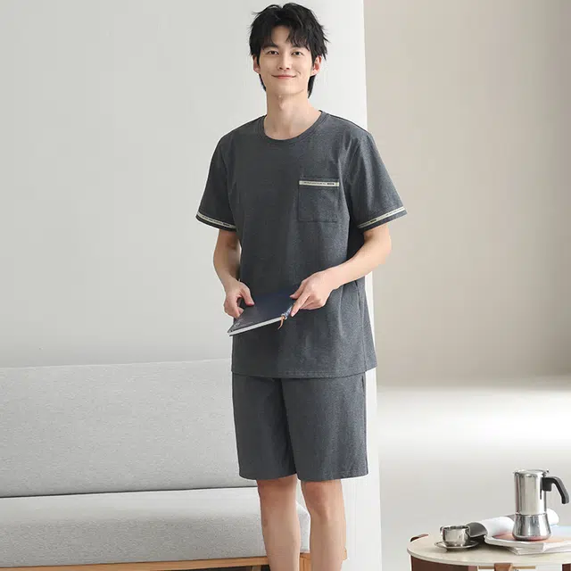 芬腾可安 休闲经典时尚微弹透气舒适亲肤大学生圆领家居服睡衣套装 男款 灰色