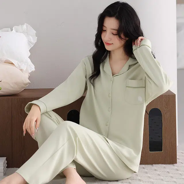 芬腾可安 春秋纯棉宽松舒适经典简约遮肉显瘦开衫外出可穿家居服睡衣套装 女款