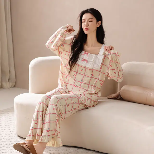 芬腾可安 春秋柔软设计感慵懒宽松百搭显瘦少女感亲肤家居服睡衣套装 女款