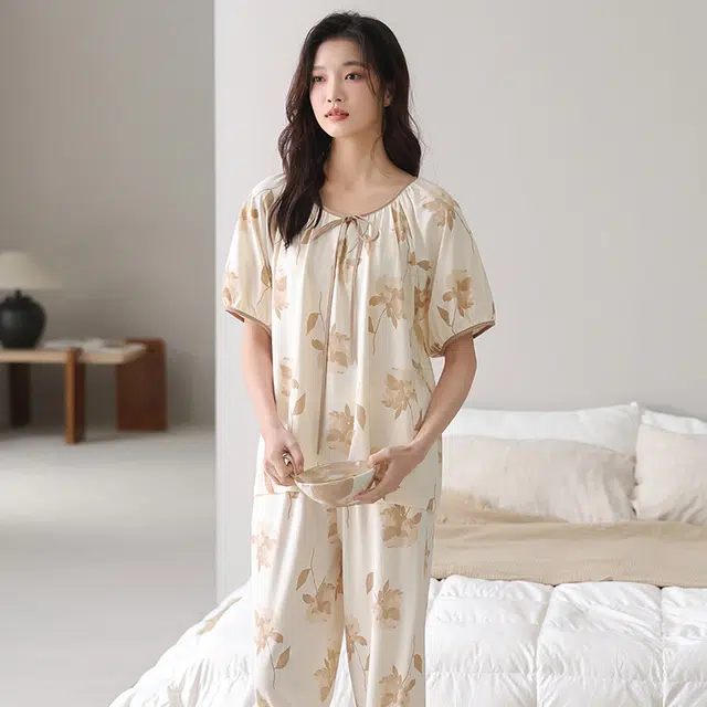 芬腾可安 宿舍可穿春夏季韩版气质细腻亲肤柔软甜美微弹透气舒适圆领显瘦大学生宿舍外出都可穿的家居服睡衣套装 女款