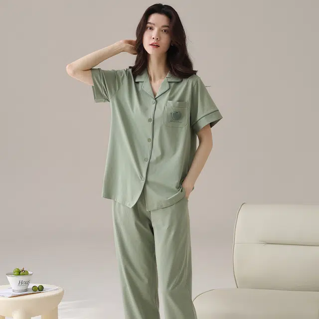 芬腾可安 韩版纯棉轻熟风简约休闲气质细腻亲肤优雅柔软高级感时尚透气舒适微弹少女可穿短袖长裤家居服睡衣套装 女款