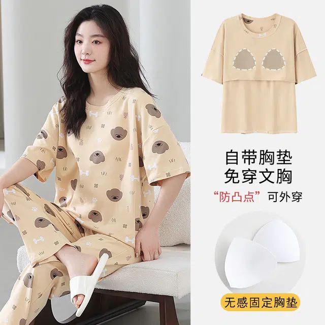 芬腾可安 韩版亲肤柔软简约休闲舒适圆领带胸垫防凸点时尚短袖长裤可外穿居家服睡衣套装 女款 卡其色