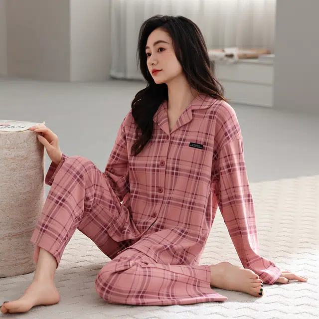 芬腾可安 春秋纯棉优雅翻领设计感柔软亲肤开衫简约时尚家居服睡衣套装 女款