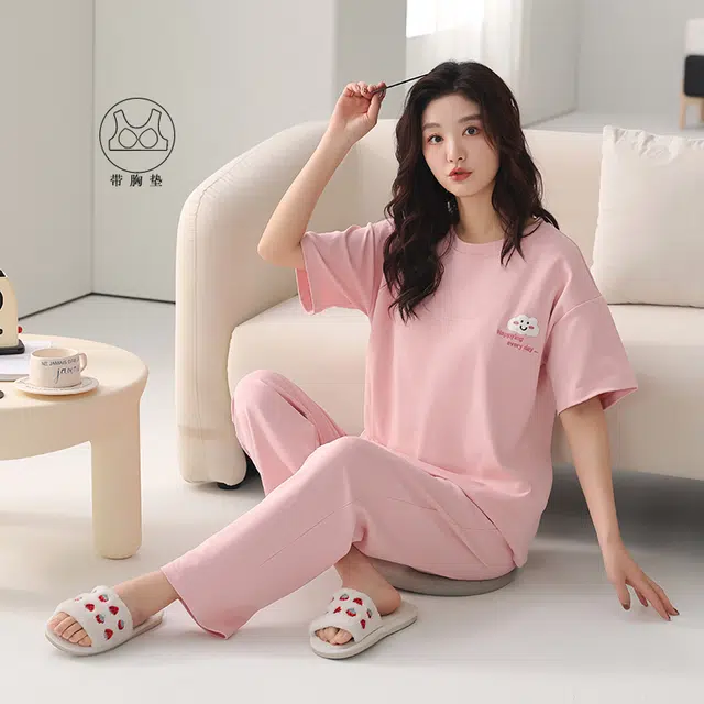芬腾可安 薄款韩版时尚甜美休闲亲肤微弹带胸垫短袖长裤家居服可外穿睡衣套装 女款 粉红色