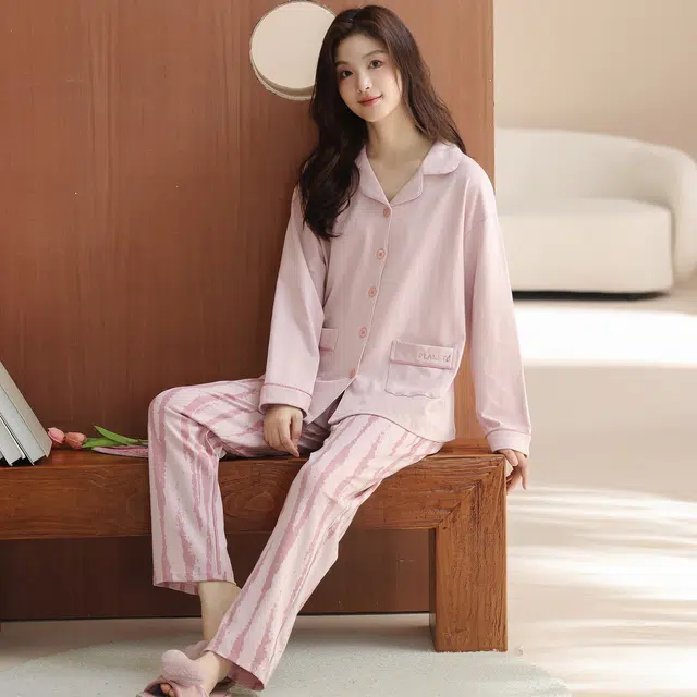 芬腾可安 外出可穿春秋设计感简约纯棉亲肤开衫宽松柔软长袖家居服睡衣套装 女款