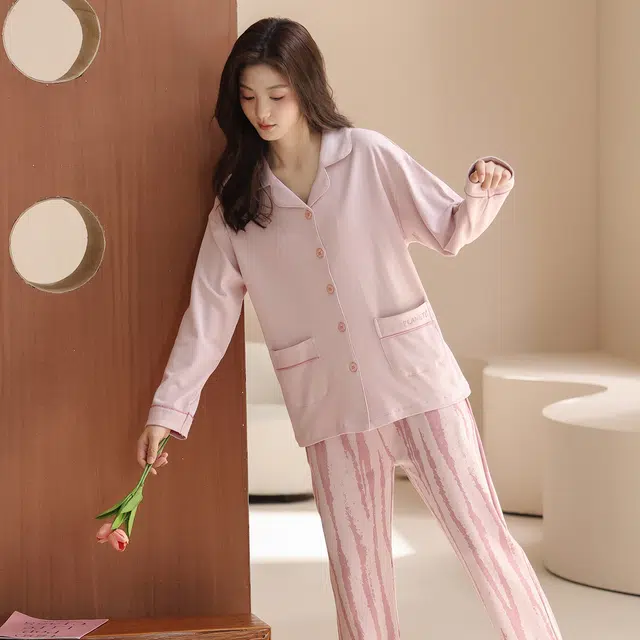 芬腾可安 外出可穿春秋设计感简约纯棉亲肤开衫宽松柔软长袖家居服睡衣套装 女款