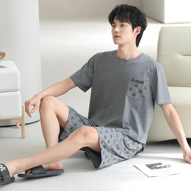芬腾可安 休闲经典时尚简约微弹透气轻柔舒适亲肤圆领家居服睡衣套装 男款 灰色