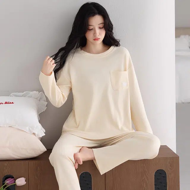 芬腾可安 春秋纯棉宽松显瘦简约透气遮肉外出可穿家居服睡衣套装 女款