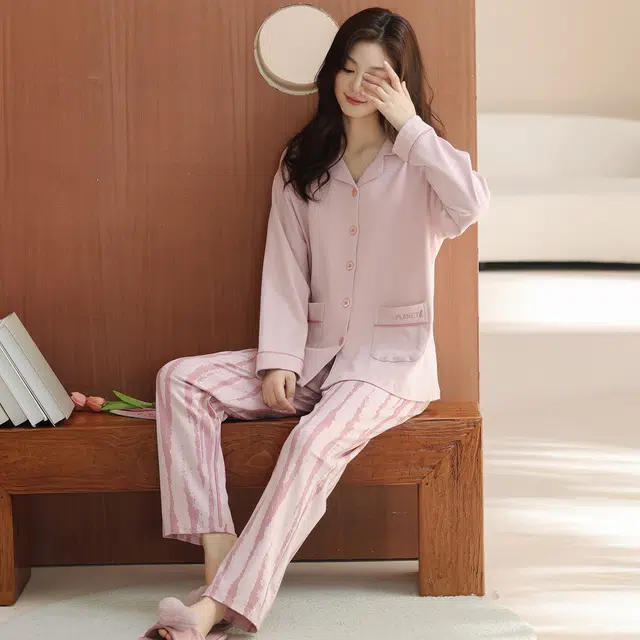 芬腾可安 外出可穿春秋设计感简约纯棉亲肤开衫宽松柔软长袖家居服睡衣套装 女款