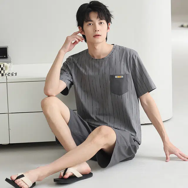 芬腾可安 休闲经典时尚简约透气轻柔舒适亲肤圆领家居服睡衣套装 男款 灰色