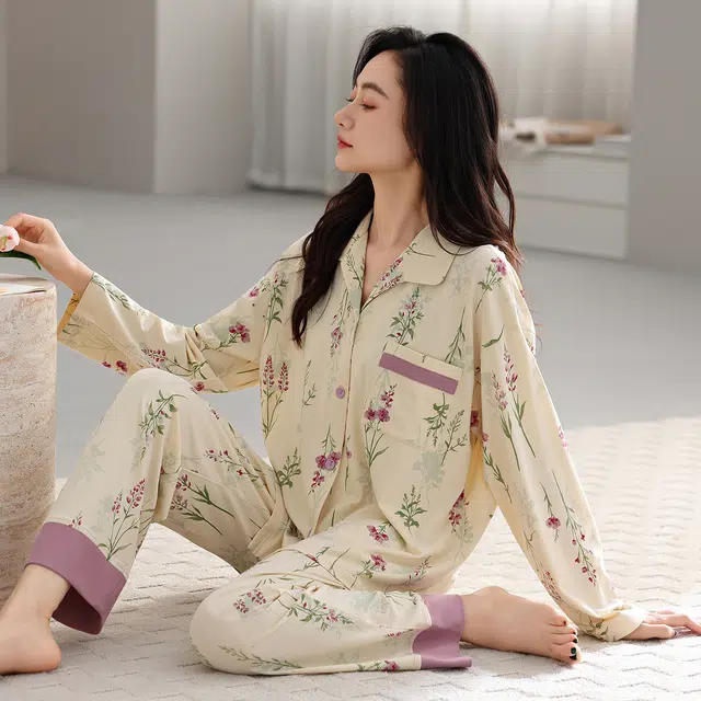 芬腾可安 春秋设计感柔软纯棉优雅简约时尚亲肤家居服睡衣套装 女款