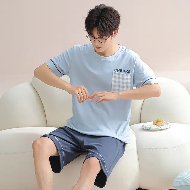 芬腾可安 可外穿的纯棉时尚气质舒适情侣款休闲遮肉显瘦柔软舒适大学生宿舍可穿短袖短裤家居服睡衣套装 男款