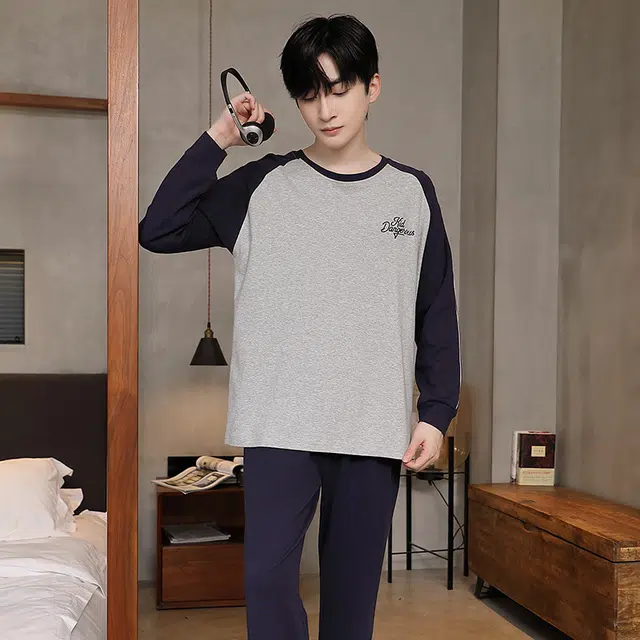 芬腾可安 纯棉秋冬保暖简约时尚遮肉少年感亲肤显瘦家居服外出可穿睡衣套装 男款