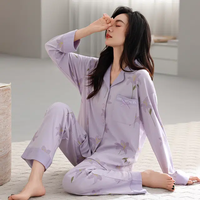芬腾可安 春秋设计感柔软纯棉优雅简约时尚亲肤翻领家居服睡衣套装 女款