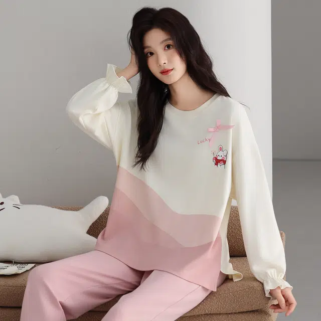 芬腾可安 春秋情侣款纯棉少女感带胸垫防凸点家居服外出可穿睡衣套装 女款