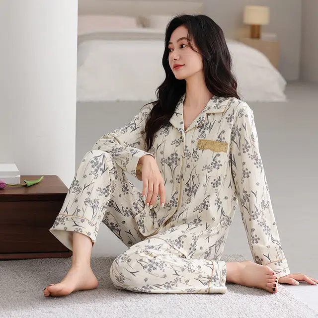 芬腾可安 纯棉外出可穿设计慵懒感春秋休闲少女开衫家居服睡衣套装 女款