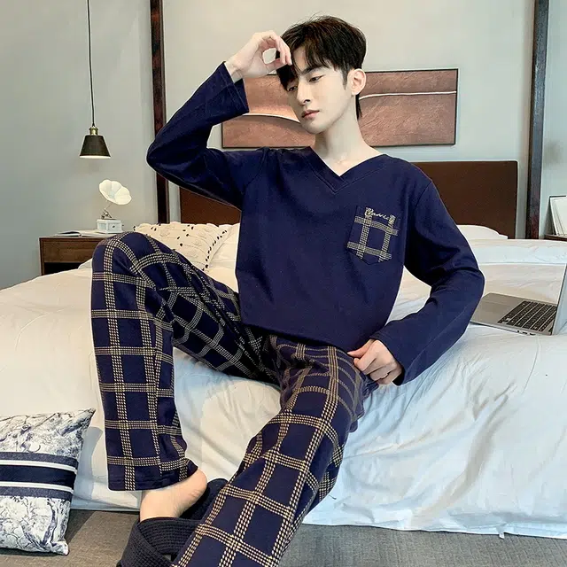 芬腾可安 时尚舒适针织简约口袋长袖格仔长裤亲肤家居服可外穿睡衣套装 男款 藏青色