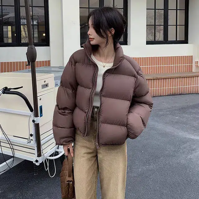 花蔓色 美式立领纯色美拉德外套短款加厚小个子面包服经典韩版宽松显瘦修身保暖舒适时尚肯豆风棉服 女款