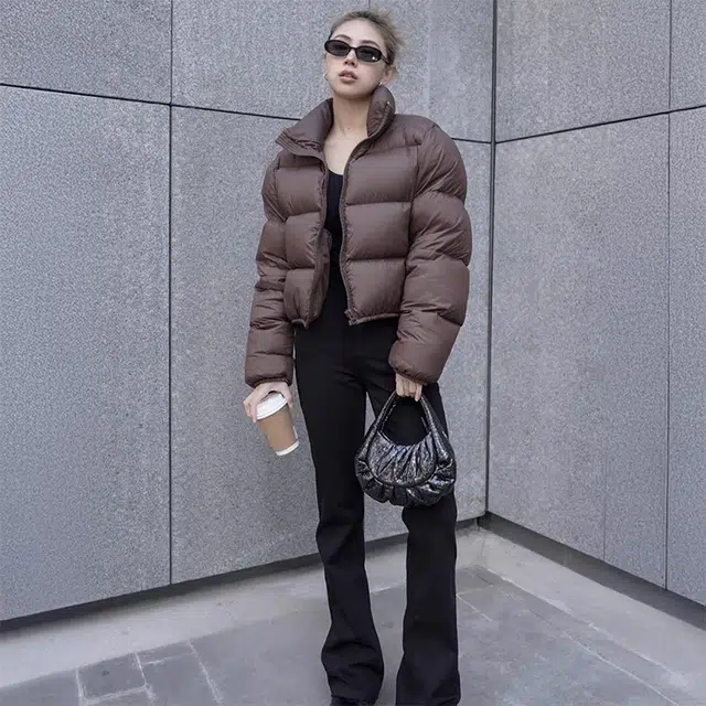 花蔓色 美式立领纯色美拉德外套短款加厚小个子面包服经典韩版宽松显瘦修身保暖舒适时尚肯豆风棉服 女款