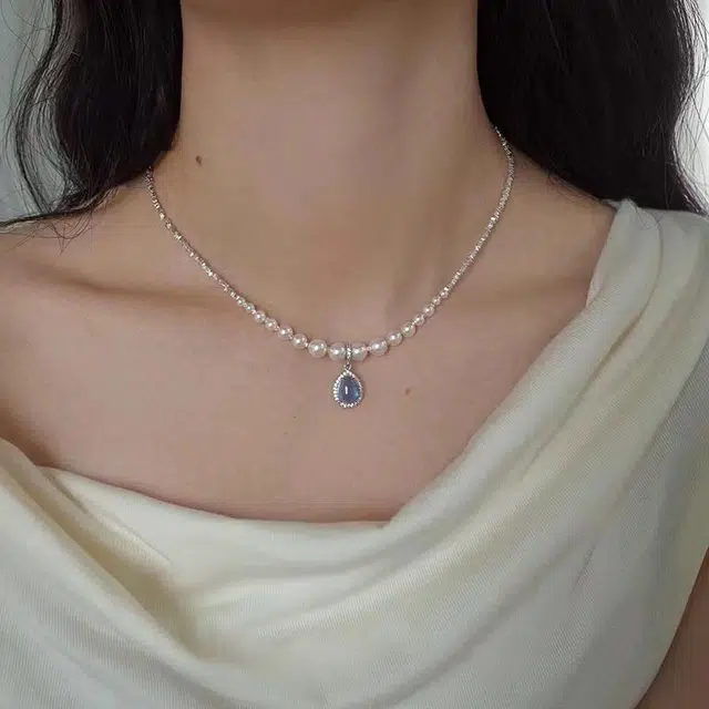 克兰茜 碎银子水滴项链 辣妹锁骨链 女款 嘻哈潮流说唱 美式甜酷高街 蓝色大海传说蓝眼泪轻奢小众设计 合金 项链 女款