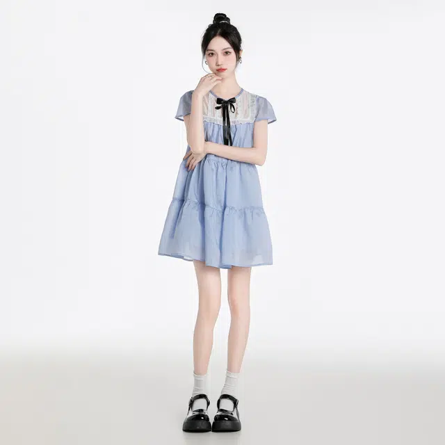 甜美蕾丝拼接蝴蝶结圆领泡泡袖公主裙短袖连衣裙 女款 蓝色