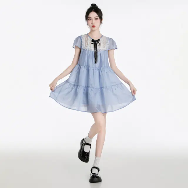 甜美蕾丝拼接蝴蝶结圆领泡泡袖公主裙短袖连衣裙 女款 蓝色