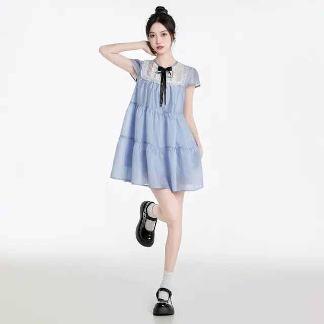 甜美蕾丝拼接蝴蝶结圆领泡泡袖公主裙短袖连衣裙 女款 蓝色