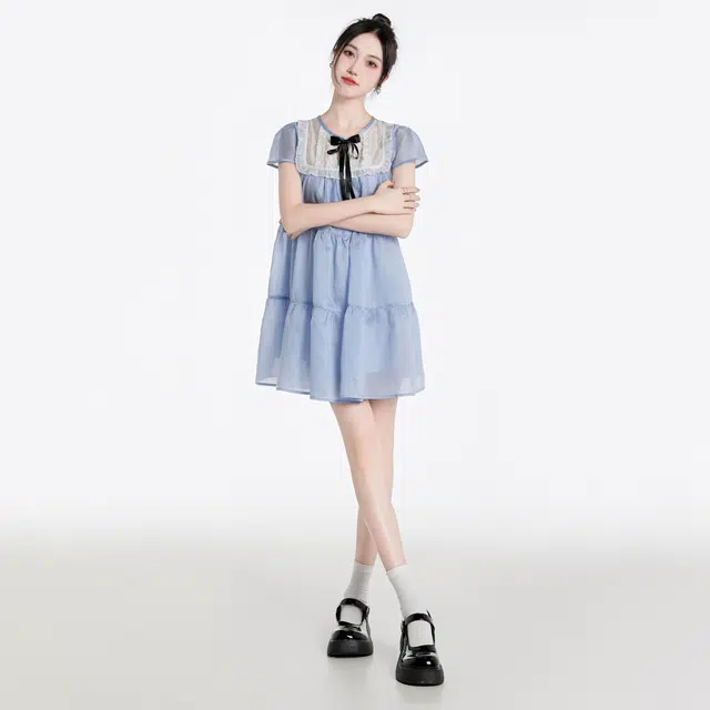 甜美蕾丝拼接蝴蝶结圆领泡泡袖公主裙短袖连衣裙 女款 蓝色