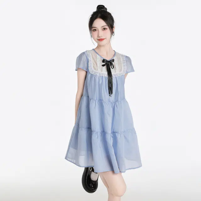 甜美蕾丝拼接蝴蝶结圆领泡泡袖公主裙短袖连衣裙 女款 蓝色