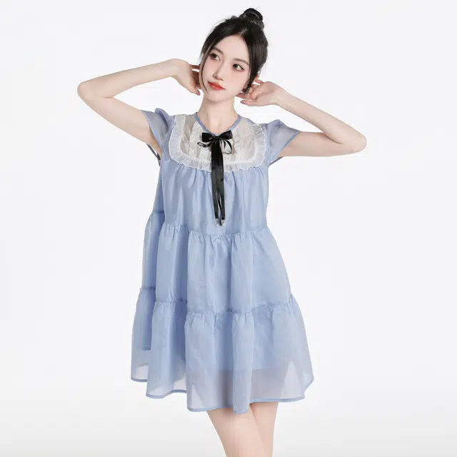 甜美蕾丝拼接蝴蝶结圆领泡泡袖公主裙短袖连衣裙 女款 蓝色