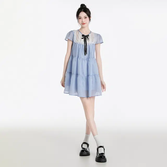 甜美蕾丝拼接蝴蝶结圆领泡泡袖公主裙短袖连衣裙 女款 蓝色