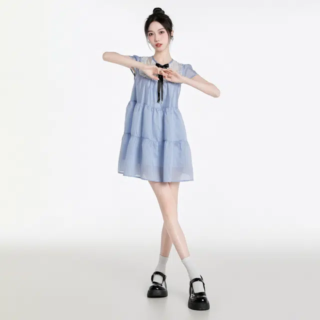 甜美蕾丝拼接蝴蝶结圆领泡泡袖公主裙短袖连衣裙 女款 蓝色